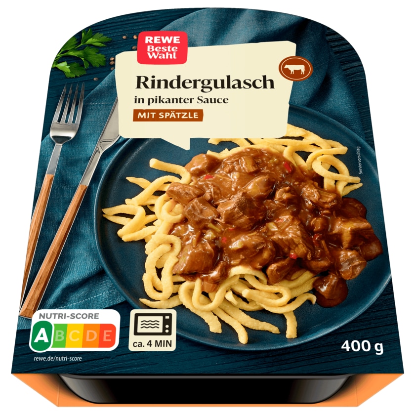 Rewe Beste Wahl Rinder-Gulasch mit Spätzle in pikanter Sauce 400g